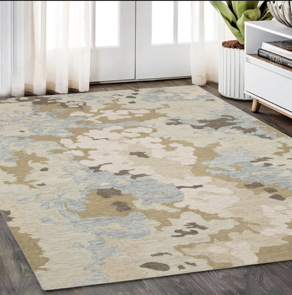 HomeRoots 5' Hand-Tufted Wool Area Rug with Beige and Blue Abstract Design for Modern Home Décor Comfort 5' X 8' 575949
