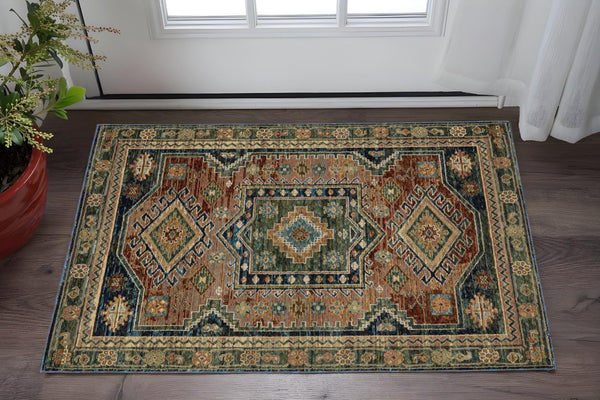 Homeroots 2' Stunning Blue Tribal Area Rug - Stain Resistant, Perfect For Kids And Pets, Adds Warmth To Any Space 3' X 5' Polypropylene 575967