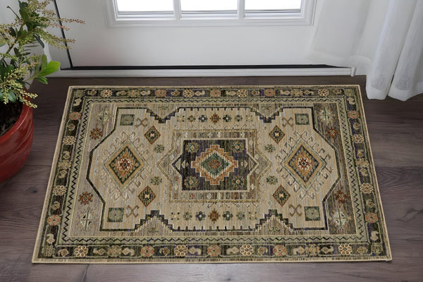 Homeroots 2' Stunning Blue Tribal Area Rug - Stain Resistant, Perfect For Kids And Pets, Adds Warmth To Any Space 3' X 5' Polypropylene 575968