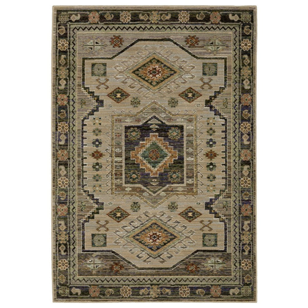 HomeRoots 3' Gray and Green Tribal Area Rug - Stylish Bohemian Design, Durable, Easy-Clean for High-Traffic Spaces 3' X 5' 575968