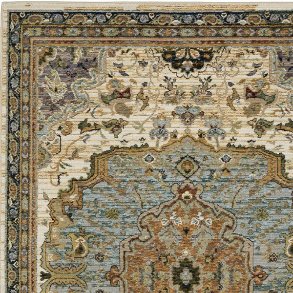 Homeroots 2' Elegant Ivory And Blue Oriental Area Rug - Stain Resistant, Perfect For Homes With Kids & Pets 3' X 5' Polypropylene 575970