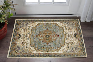 Homeroots 2' Elegant Ivory And Blue Oriental Area Rug - Stain Resistant, Perfect For Homes With Kids & Pets 3' X 5' Polypropylene 575970