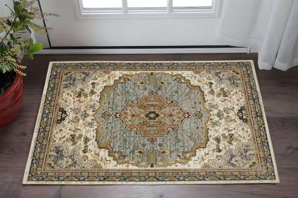 Homeroots 2' Elegant Ivory And Blue Oriental Area Rug - Stain Resistant, Perfect For Homes With Kids & Pets 3' X 5' Polypropylene 575970