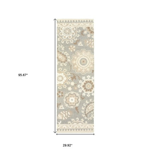 Homeroots 4' Gray Floral Hand-tufted Wool Area Rug - Elegant Design To Elevate Your Living Space Decor 8' Runner Wool 575980