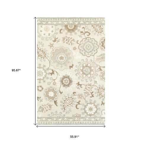 Homeroots 4' Ivory Floral Hand-tufted Area Rug - Elegant Wool Design For Cozy, Neutral Home Decor Solutions 5' X 8' Wool 575983