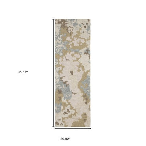 Homeroots 5' Abstract Hand-tufted Beige And Blue Wool Area Rug - Elevate Your Space With Style And Comfort 8' Runner Wool 575999