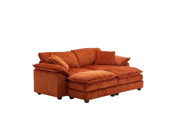 English Elm Corduroy Plush 2-Seat Sofa with 2 Back Cushions, Toss Pillows & Ottomans — Deep Seat Comfort Orange W2363S00066