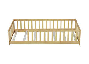 English Elm Twin Size Rubberwood Floor Bed with Safety Fence for Toddler Rooms Natural Finish W504P370528