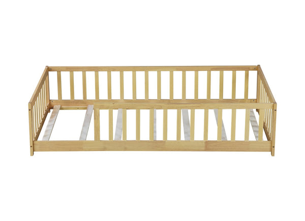 English Elm Twin Size Rubberwood Floor Bed with Safety Fence for Toddler Rooms Natural Finish W504P370528
