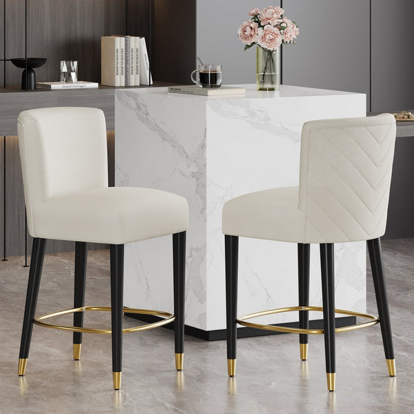 English Elm Christopher Knight Home® - 27inch-counterstool, modern rubberwood frame with light fabric upholstery, gold circular footrest accent Beige N780P224409B