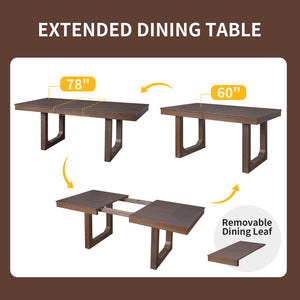 English Elm 7 Extendable Dining Table Set with 18" Leaf and 6 Upholstered Chairs — Rustic Farmhouse 60–78" Wood Veneer Table Brown N752S000090D