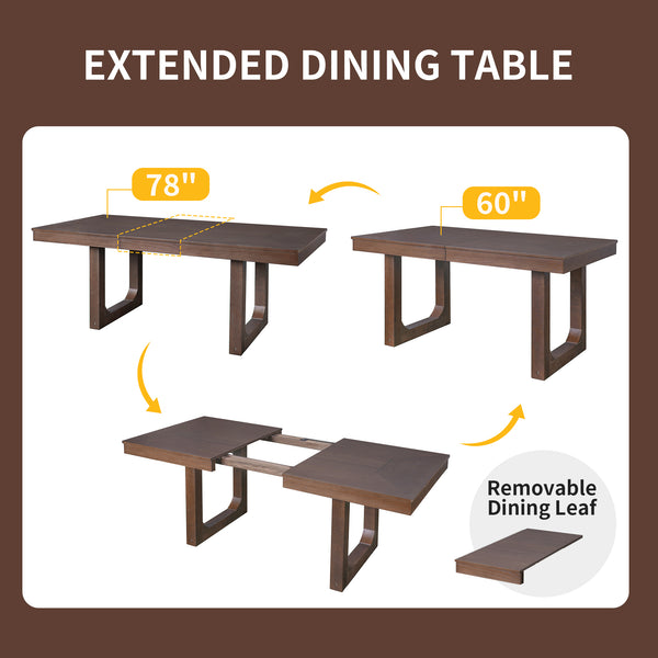 English Elm 7 Extendable Dining Table Set with 18" Leaf and 6 Upholstered Chairs — Rustic Farmhouse 60–78" Wood Veneer Table Brown N752S000090D