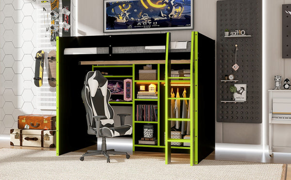 English Elm Full Size Loft Bed with Rgb Lighting Desk Open Wardrobe and Storage for Gaming Rooms Green LT000277AAG
