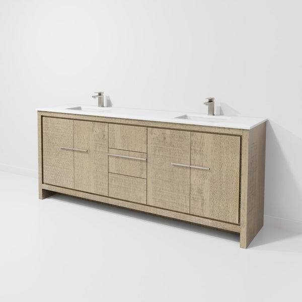 English Elm Rustic Acacia Double Bath Vanity With White Quartz Top & Gun Metal Faucet – Stylish Storage Solution! B2731P259232-GIGA