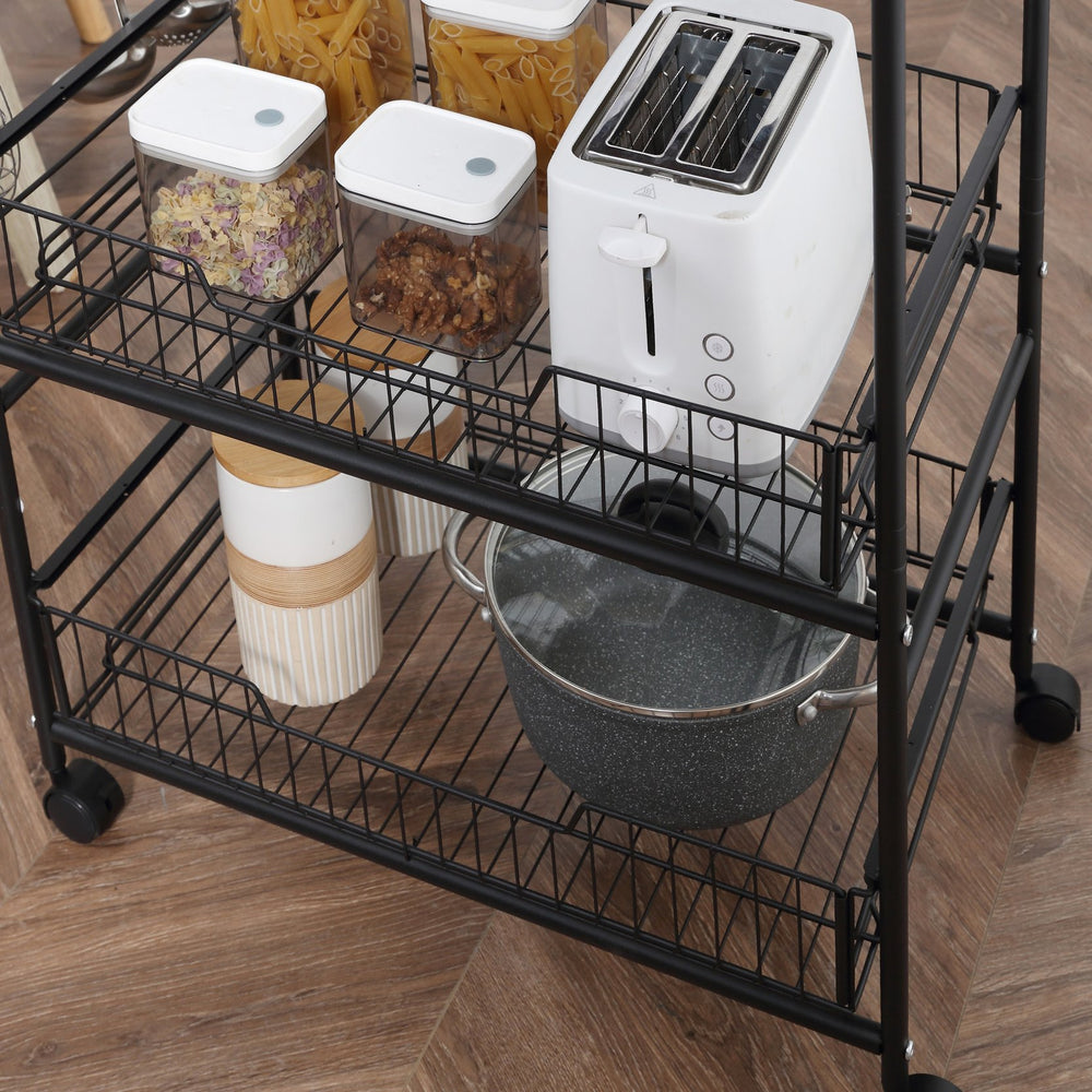 English Elm HOMCOM Rustic Brown 3-Tier Rolling Kitchen Cart with 2 Pull-Out Baskets, Side Hooks & Brake Wheels W2225P217410