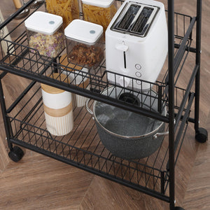 English Elm HOMCOM Rustic Brown 3-Tier Rolling Kitchen Cart with 2 Pull-Out Baskets, Side Hooks & Brake Wheels W2225P217410