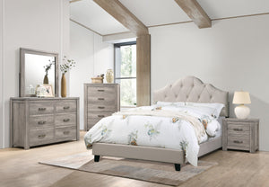 English Elm Contemporary Upholstered Queen Bed with Tufted Arched Headboard, Adjustable Height, Linen-Like Fabric Light Brown 62 L x 34 W x 7 H B011S01432