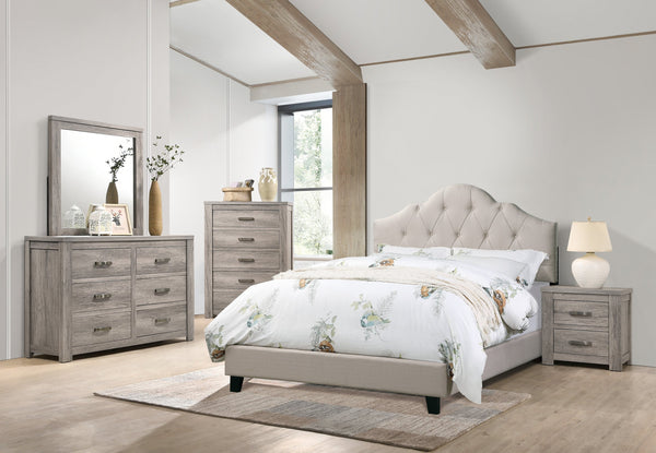English Elm Contemporary Upholstered Queen Bed with Tufted Arched Headboard, Adjustable Height, Linen-Like Fabric Light Brown 62 L x 34 W x 7 H B011S01432