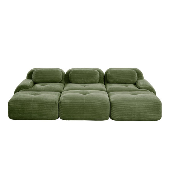 English Elm Three-seat Modular Corduroy Sectional Sofa with Ottomans for Living and Media Rooms Olive Green W714S01260