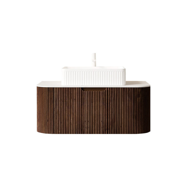 English Elm Dina Floating Bathroom Vanity Sintered Stone Top Glass Basin Striped Plywood Cabinet W2615S00418