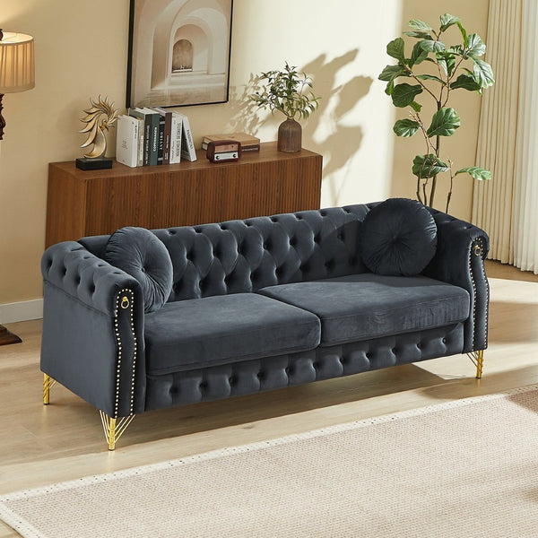 English Elm 2371-bk-2 Modular Velvet Sofa Three Seat Living Room Couch with Curved Arms Plush Foam W834P225862
