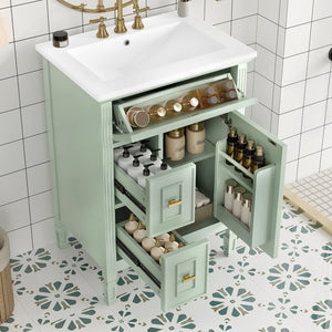 English Elm 24-Inch Bathroom Vanity with Sink, Solid Wood & MDF, Ceramic Top, Gold Handles, Flip Drawer Design Green N725P350824F