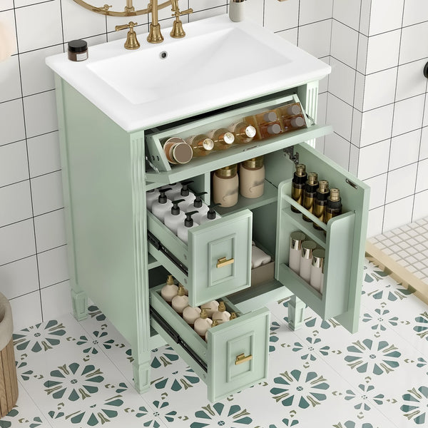 English Elm 24-Inch Bathroom Vanity with Sink, Solid Wood & MDF, Ceramic Top, Gold Handles, Flip Drawer Design Green N725P350824F