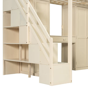 English Elm Full Size Loft Bed with Wardrobe Dressing Mirror Usb Ports and Teen Room Storage LT000276AAA