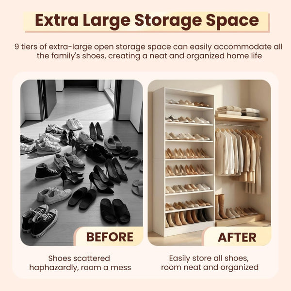 English Elm 9 Tier Freestanding Shoe Rack Tall Mdf Storage Organizer for Entryway Hallway White W3204P454074