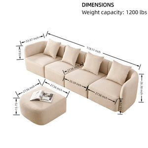 English Elm 118" Velvet Modular Sectional with Ottoman Deep Seat Sofa for Living Room W2664S00093