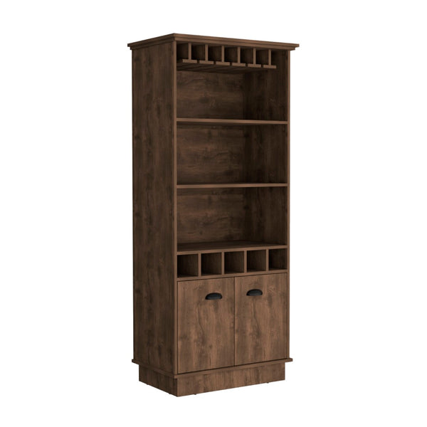 English Elm Dundee Tall White Bar Cabinet with Glass Panel Doors Open Cubbies and Display Shelves B200S00384