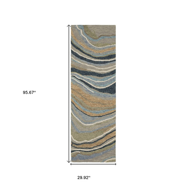 HomeRoots 5' Gray and Blue Wool Hand-Tufted Area Rug - Modern Abstract Design for Stylish Home Décor 8' Runner 576000