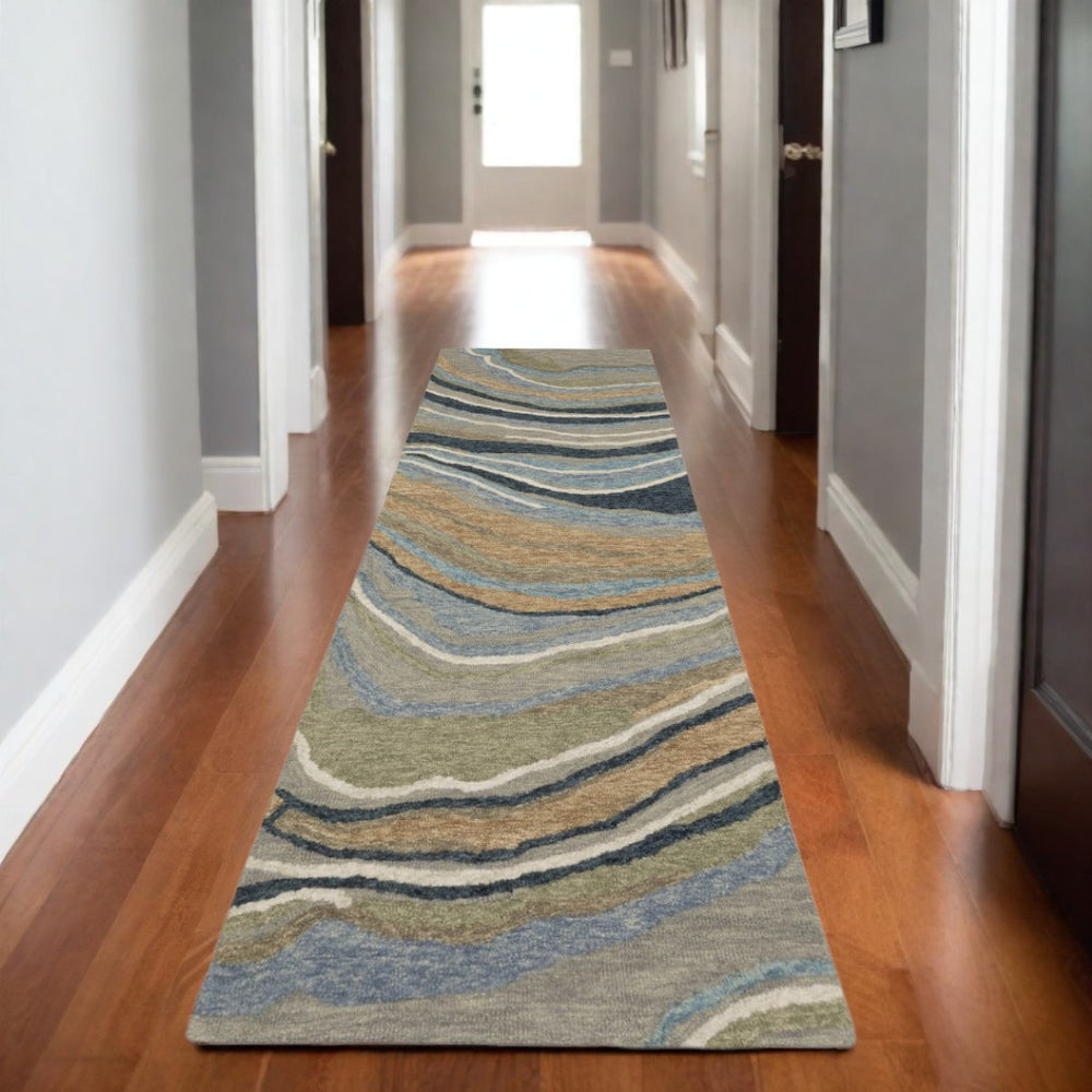 HomeRoots 5' Gray and Blue Wool Hand-Tufted Area Rug - Modern Abstract Design for Stylish Home Décor 8' Runner 576000