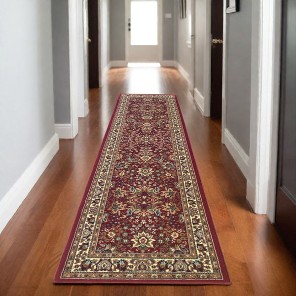 HomeRoots 6' Elegant Round Oriental Rug in Ivory, Black & Red - Timeless Style for Modern Spaces 8' Runner 576007