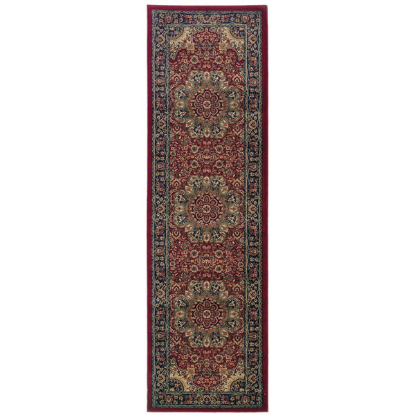 HomeRoots 6' Elegant Red and Blue Oriental Round Rug - Stain-Resistant, Power-Loomed for Lasting Beauty 8' Runner 576008