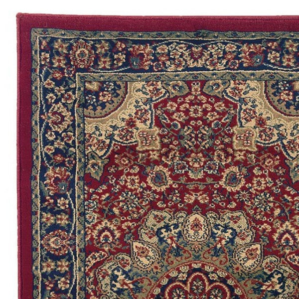 HomeRoots 6' Elegant Red and Blue Oriental Round Rug - Stain-Resistant, Power-Loomed for Lasting Beauty 8' Runner 576008