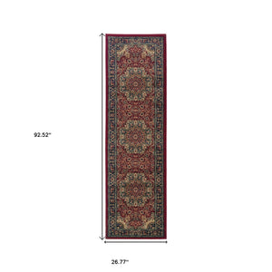 HomeRoots 6' Elegant Red and Blue Oriental Round Rug - Stain-Resistant, Power-Loomed for Lasting Beauty 8' Runner 576008