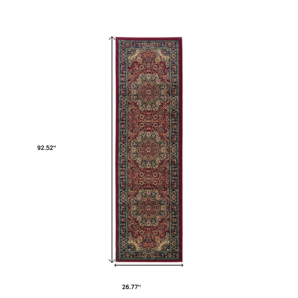 HomeRoots 6' Elegant Red and Blue Oriental Round Rug - Stain-Resistant, Power-Loomed for Lasting Beauty 8' Runner 576008