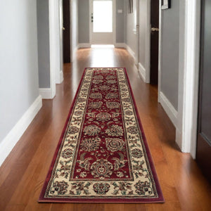 HomeRoots 6' Elegant Red and Ivory Oriental Round Rug for Timeless Style, Durability, and Easy Maintenance 8' Runner 576011