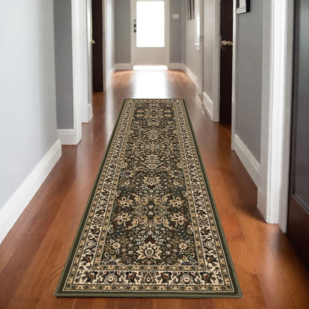HomeRoots 6' Timeless Green and Ivory Oriental Round Rug - Durable, Stain-Resistant, Perfect for High-Traffic Areas 8' Runner 576014