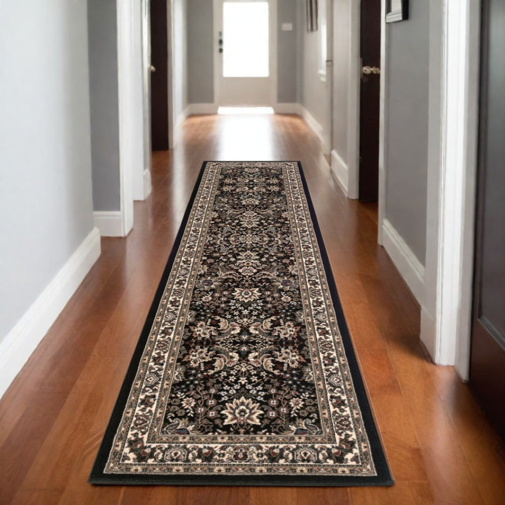 HomeRoots 6' Black and Ivory Oriental Round Rug - Elegant Geometric Design for Modern and Traditional Spaces 8' Runner 576015