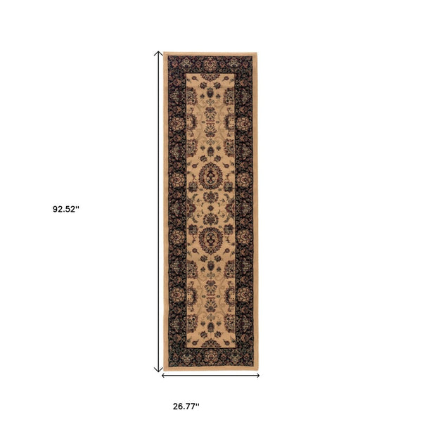 HomeRoots 4' Timeless Black and Ivory Oriental Area Rug – Durable, Stain-Resistant Design for Any Space 8' Runner 576016