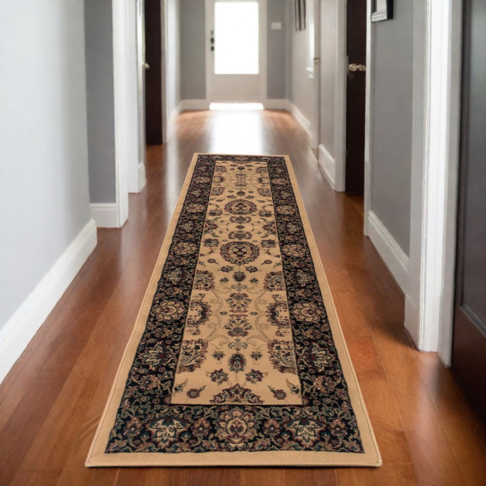 HomeRoots 4' Timeless Black and Ivory Oriental Area Rug – Durable, Stain-Resistant Design for Any Space 8' Runner 576016