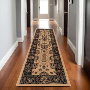 HomeRoots 4' Timeless Black and Ivory Oriental Area Rug – Durable, Stain-Resistant Design for Any Space 8' Runner 576016