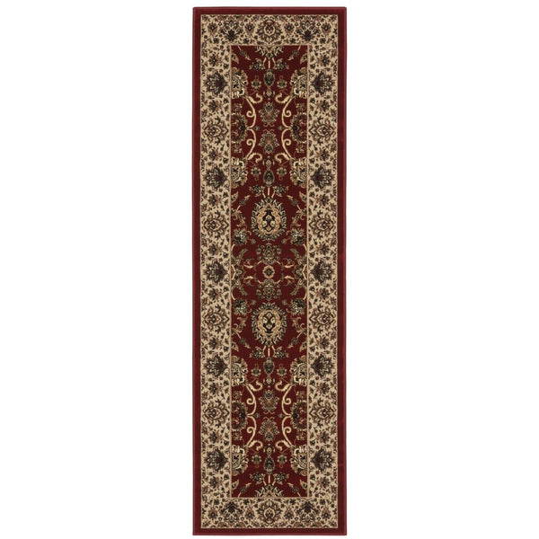 HomeRoots 4' Timeless Red and Ivory Oriental Area Rug - Durable, Stain Resistant, Ideal for Family Spaces 8' Runner 576017