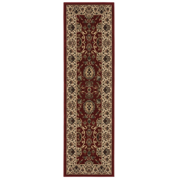 HomeRoots 4' Timeless Red and Ivory Oriental Area Rug - Durable, Stain Resistant, Ideal for Family Spaces 8' Runner 576017