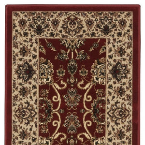 HomeRoots 4' Timeless Red and Ivory Oriental Area Rug - Durable, Stain Resistant, Ideal for Family Spaces 8' Runner 576017