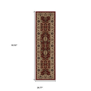 HomeRoots 4' Timeless Red and Ivory Oriental Area Rug - Durable, Stain Resistant, Ideal for Family Spaces 8' Runner 576017