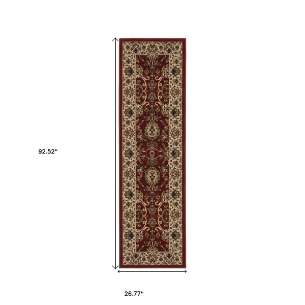 HomeRoots 4' Timeless Red and Ivory Oriental Area Rug - Durable, Stain Resistant, Ideal for Family Spaces 8' Runner 576017