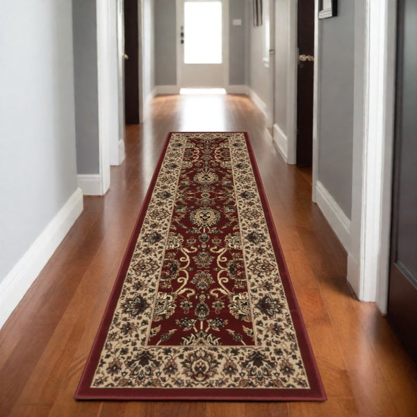 HomeRoots 4' Timeless Red and Ivory Oriental Area Rug - Durable, Stain Resistant, Ideal for Family Spaces 8' Runner 576017